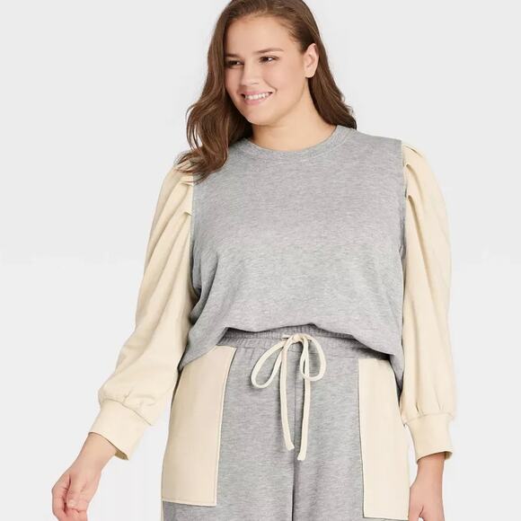 Who What Wear grey and cream color block lightweight terry sweatshirt size 2X - Picture 1 of 5